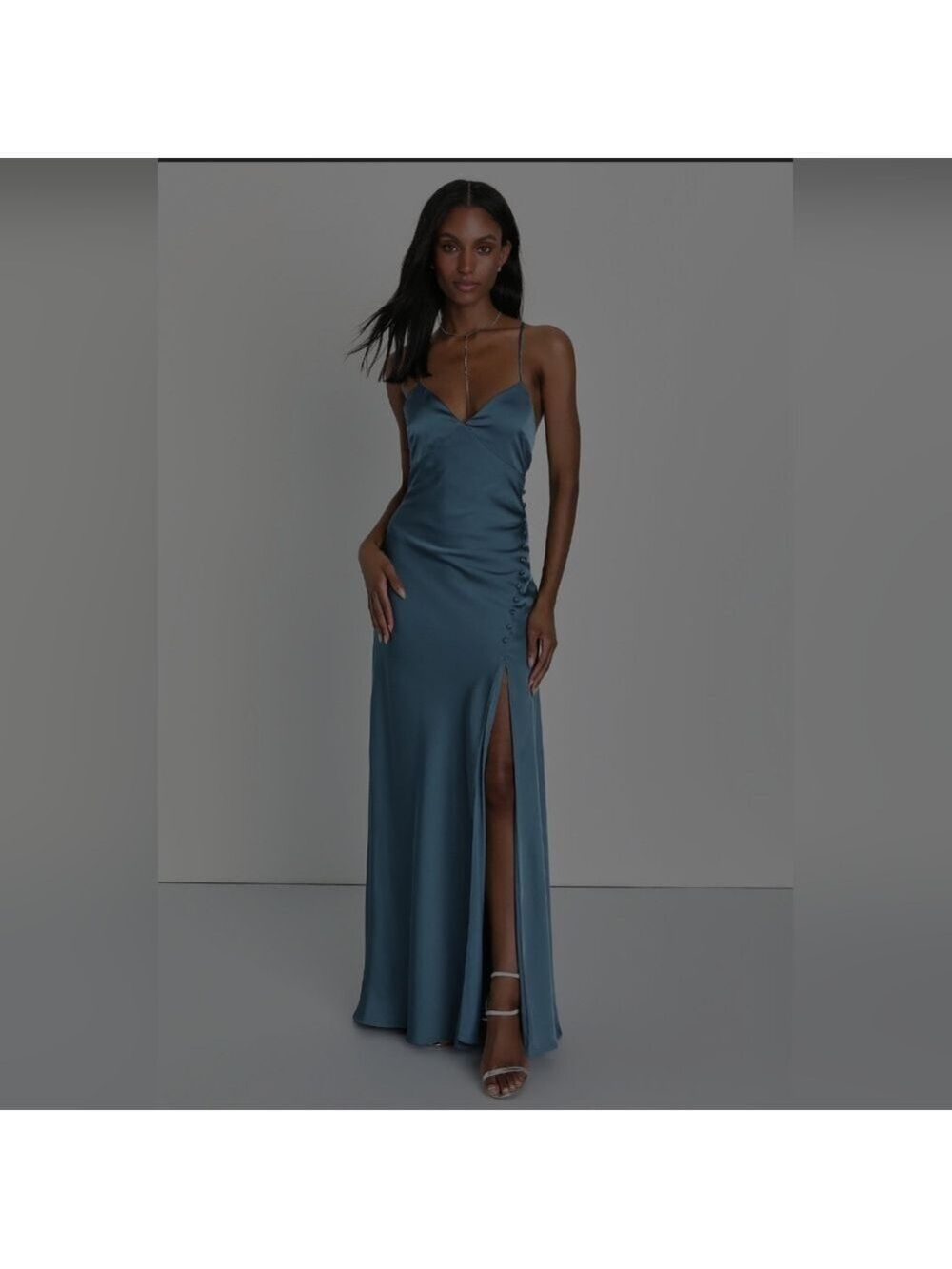 Lulus |  Extraordinary Allure Slate Blue Satin Backless Maxi Dress | Size S - Picture 2 of 7